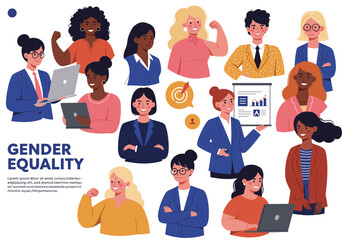 Gender, equality, empowerment, illustration, professional, women, diversity, inclusion, business, attire, teamwork, leadership, data, success, unity, support, icons, goals, representation, workplace