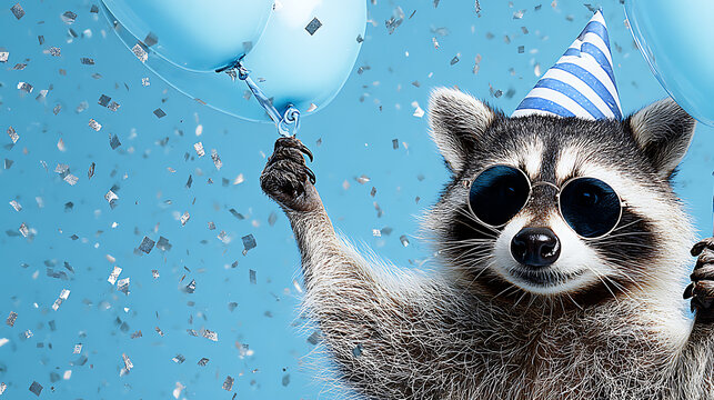 Raccoon wearing party hat and sunglasses holding balloons with confetti animal - Powered by Adobe
