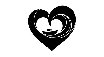 A black and white graphic of a boat inside a heart shaped wave on a white background graphic design