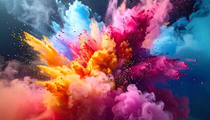 A vibrant explosion of colorful pigments mixes and swirls against a dark backdrop, resembling a cloud of energy