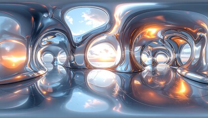 Abstract Chrome Sphere Panorama with Sky Reflection and Warm Light.