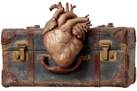 Anatomical Heart on Top of Vintage Suitcase Isolated on Transparent