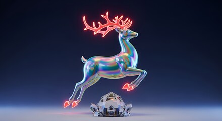 Leaping iridescent reindeer with glowing neon antlers in a modern studio scene
