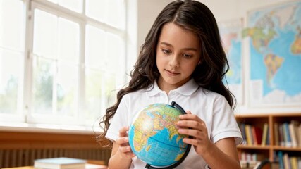 A curious schoolgirl studies a globe in a bright classroom. A young student learns geography by exploring the world. Education and childhood discovery concept - Powered by Adobe