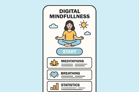 Digital mindfulness app interface with meditation breathing and statistics