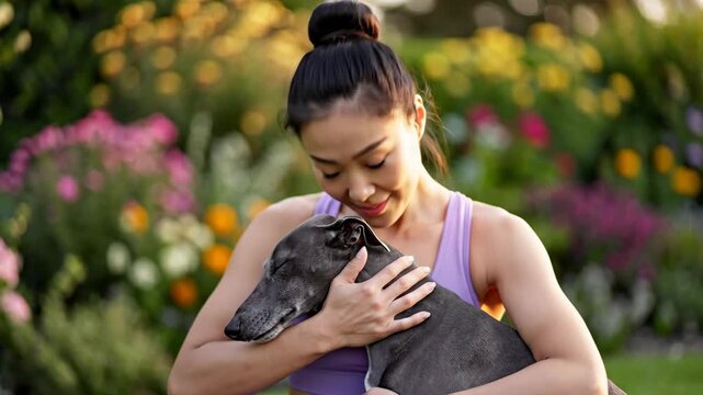Asian woman gently petting and embracing her greyhound dog, sharing a moment of loving connection and companionship in a vibrant outdoor garden filled with colorful flowers