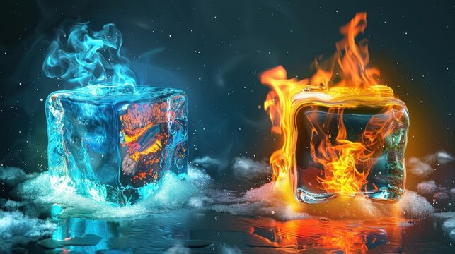 Two ice cubes, one with blue fire and one with orange fire, on a reflective surface with water droplets, representing fire and ice contrast. - Powered by Adobe