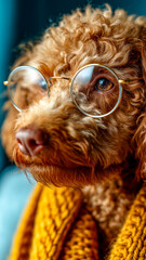 Close-up portrait of an intelligent-looking dog wearing glasses and a stylish yellow scarf, exuding charm and sophistication.