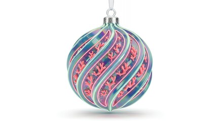 Vibrant Swirled Christmas Ornament with Pink and Blue Decorative Pattern on White Background 
