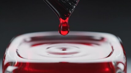 Red nail polish dripping from a brush applicator, creating a thick, glossy drop against a dark background with a blurred bottle bottom, symbolizing beauty, style, and personal care