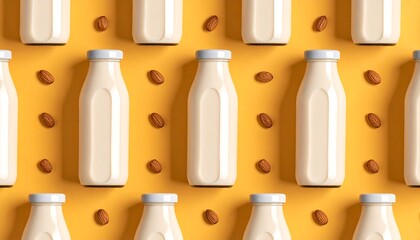 Almond Milk Bottles Pattern on Yellow Background.