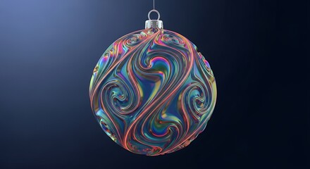 Elegant glass Christmas ornament with colorful spiral stripes on dark blue background, holiday decoration