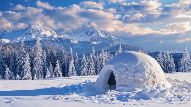A snow-covered landscape features an igloo surrounded by tall evergreen trees and majestic mountains under a clear blue sky.