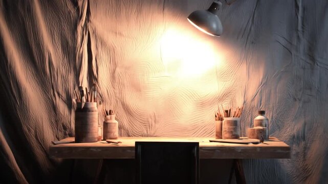 A dimly lit artist's workspace with brushes, supplies, and a desk lamp illuminating the scene
