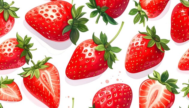 A vibrant pattern of whole & halved strawberries with leaves, set against a clean white backdrop