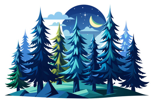 cilent winter forest glowing under full moonlight with shadows cast on untouched snow