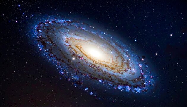 A swirling galaxy with bright core, spiral arms, and colorful nebulae against a dark star-filled space background