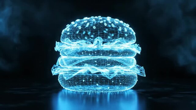 Digital wireframe hamburger glowing with blue neon light, embodying concepts of future food technology, virtual reality dining, and innovative culinary experiences