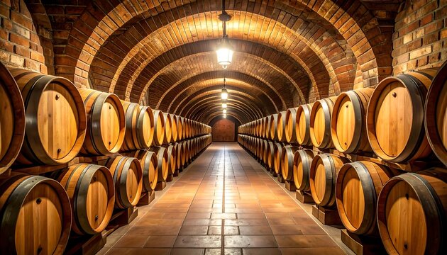 A symmetrical cellar with rows of wooden barrels under a brick archway, illuminated with hanging lights