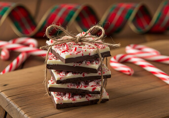 Stack of peppermint bark squares tied with twine on a wooden board, with candy canes and ribbon in the background.
