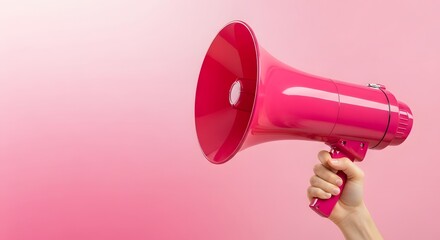 Hand holding a bright pink megaphone against a soft pink gradient background