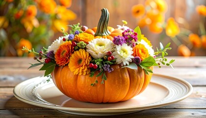 Autumnal Pumpkin Floral Arrangement - A Festive Thanksgiving Centerpiece.