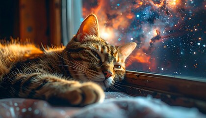 A tabby cat rests by the window, gazing at a vibrant nebula. Soft lighting and warm hues dominate the scene