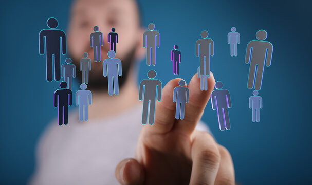 Close-up of a hand interacting with digital person icons representing global networking, teamwork, and business connections. Technology and digi