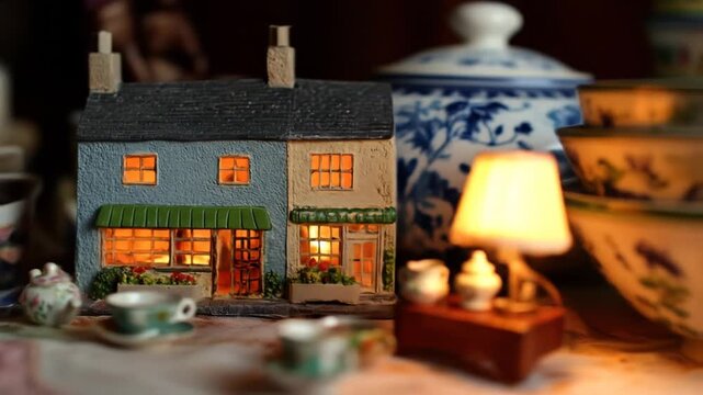 Miniature tea scene with a cozy cottage, lit windows, tiny lamps, teacups, and floral patterned dishware
