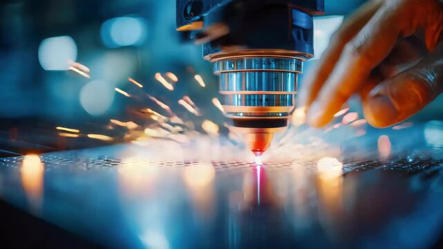 High-precision laser cutting machine carving patterns into metal, with bright sparks and industrial lighting