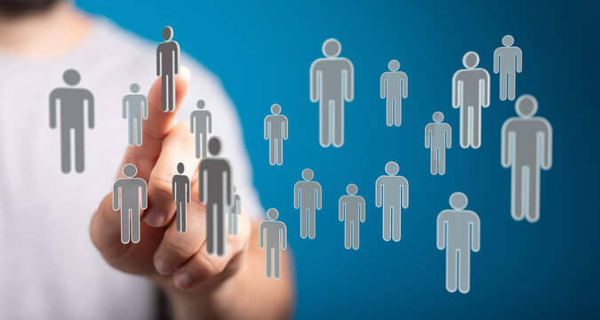 Abstract business concept of a person touching human icons, representing teamwork, communication, and social ne