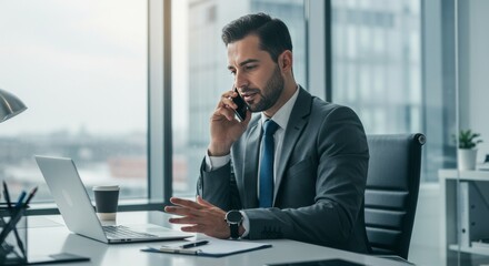Business man communicating while working at modern office desk, focused professional discussing tasks on phone or video call, multitasking with laptop, corporate communication and productivity concept