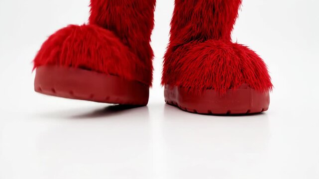 Red furry mascot boots stepping forward on a clean white reflective studio surface, close-up low angle emphasizing playful movement, texture, and bright, fun costume character appeal
