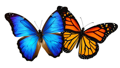 Obraz premium Two colorful butterflies, one blue and one orange, isolated on a white background, perfect for nature, spring, or decorative designs.