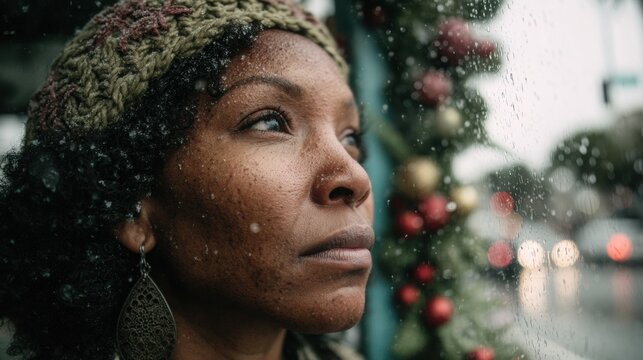 Homeless Black woman gazes thoughtfully through a rain-streaked bus stop window adorned with festive garlands, capturing a moment of reflection in a winter scene