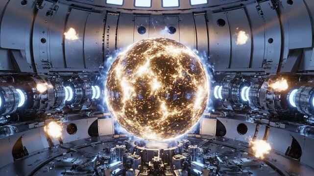 Plasma explosion generating clean energy inside a futuristic tokamak reactor chamber, representing scientific research and advanced technology for a sustainable power future