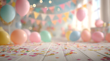 Soft focus dreamy pastel balloons and confetti celebration pink blue