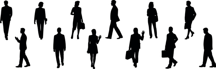 Business people silhouettes walking, corporate professionals in motion, teamwork concept, office workers meeting, business travel, success, communication, collaboration, leadership