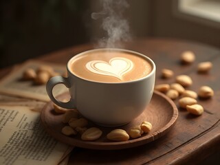 Warm Macadamia Latte Art: A steaming cup of macadamia latte with heart-shaped foam, served on a wooden tray beside scattered macadamia nuts and vintage book pages.