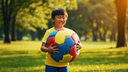 Young asian boy in a yellow shirt and blue pants enthusiastically playing with a large, colorful spherical ball on a sunny green lawn in a park, enjoying outdoor activity