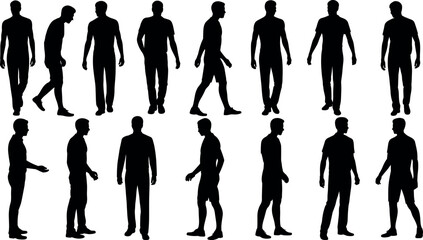 Male silhouette collection, standing and walking man poses, human body outline, casual people vector, black silhouette figure design illustration