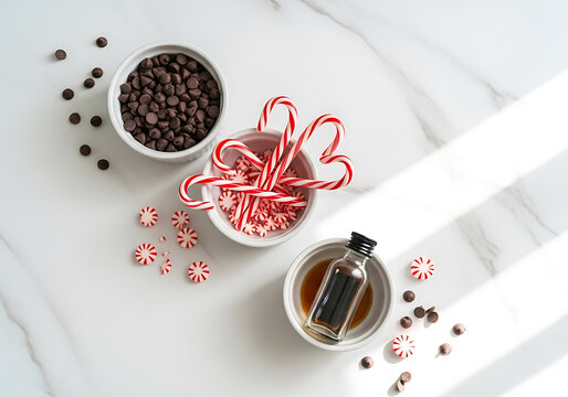 Overhead view of ingredients for holiday treats: chocolate chips, candy canes, peppermint candies, and a bottle of extract in white bowls on a marble surface.