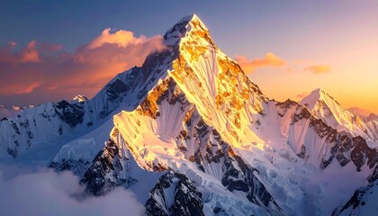 A snow-capped mountain peak at sunrise, illuminated by warm, golden light with wispy clouds in the valley below