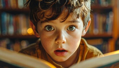 A young child with surprised expression and freckles peers over open book, with blurred bookshelf background