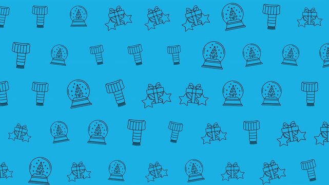 A repeating pattern featuring various Christmas-themed illustrations on a vibrant blue background, creating a festive design.