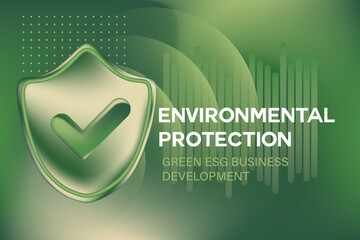 Abstract 3D glass texture security shield with glowing check mark icon, environment protection, green sustainability business, blurred gradient background with copy space. Digital ESG development
