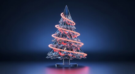 Modern glass Christmas tree with pink lights on dark blue background, contemporary holiday decoration