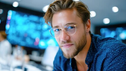 Smiling young man wearing glasses in a modern office environment with digital screens in the background - Powered by Adobe