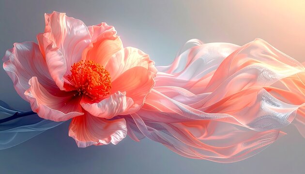 A soft, surreal image of a peach flower juxtaposed against flowing, ethereal fabric on a hazy, light background