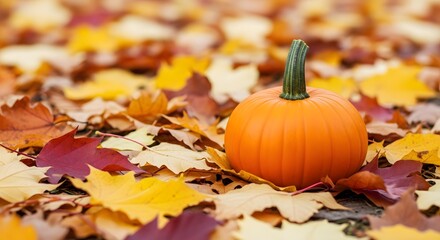 Orange Pumpkin Amidst Colorful Autumn Leaves fall